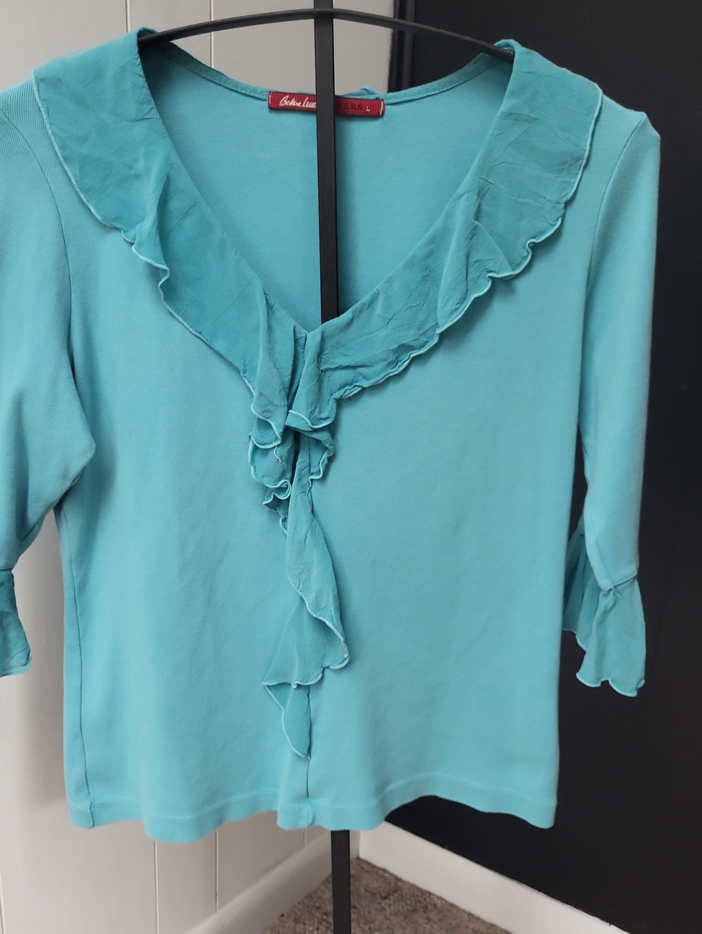 Women's Teal Ruffle V-Neck Top, LARGE